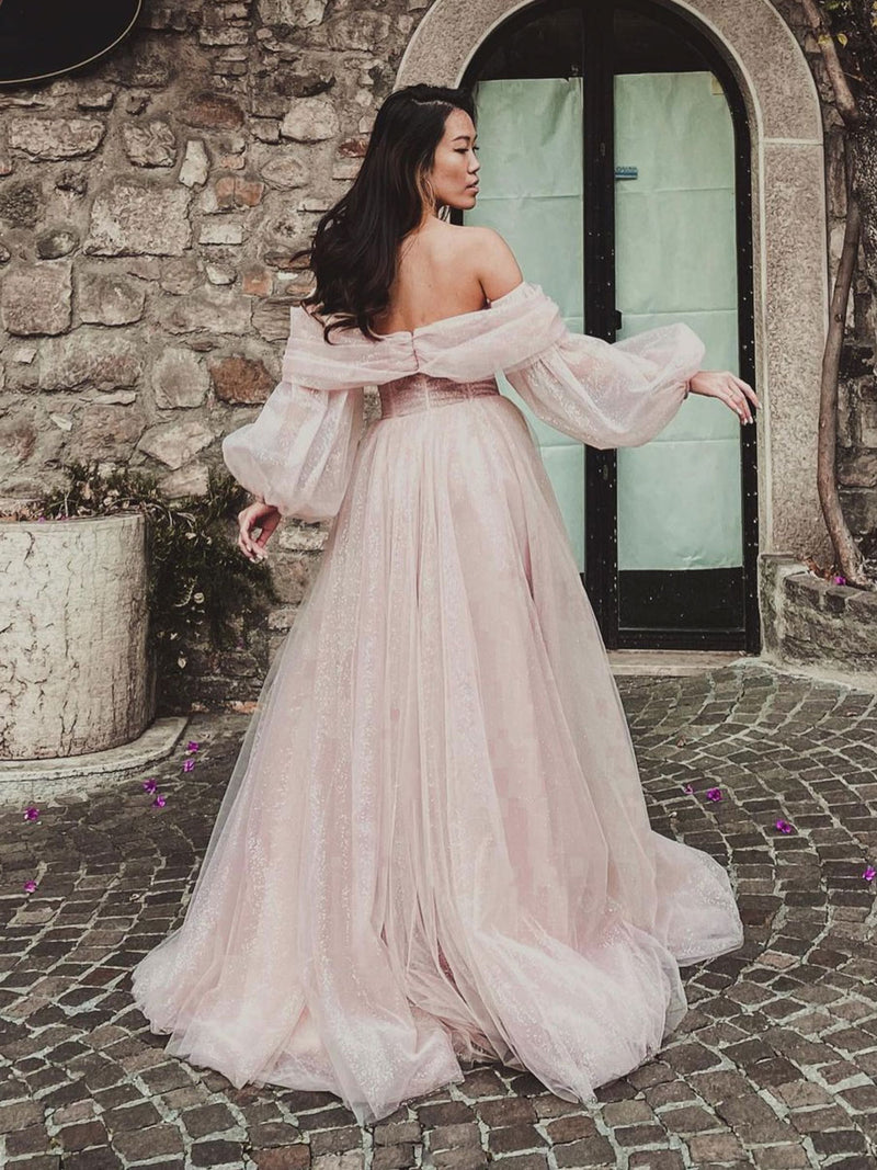 PINK TULLE LONG PROM DRESS, PINK TULLE LONG EVENING DRESS - Fashionpara