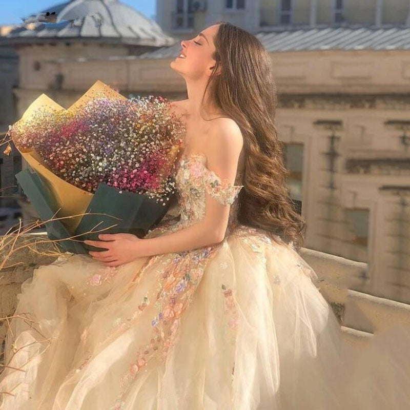 Off the Shoulder Champagne Floral Long Prom Dresses, Off Shoulder Champagne 3D Flower Long Formal Evening Dresses - Fashionpara