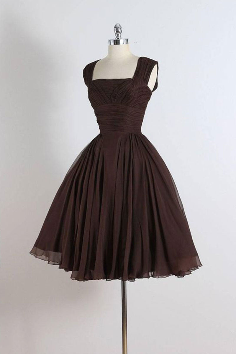 UNIQUE CHIFFON RETRO SHORT DARK BROWN PROM DRESS, SHORT COCKTAIL DRESS HOMECOMING DRESS - Fashionpara
