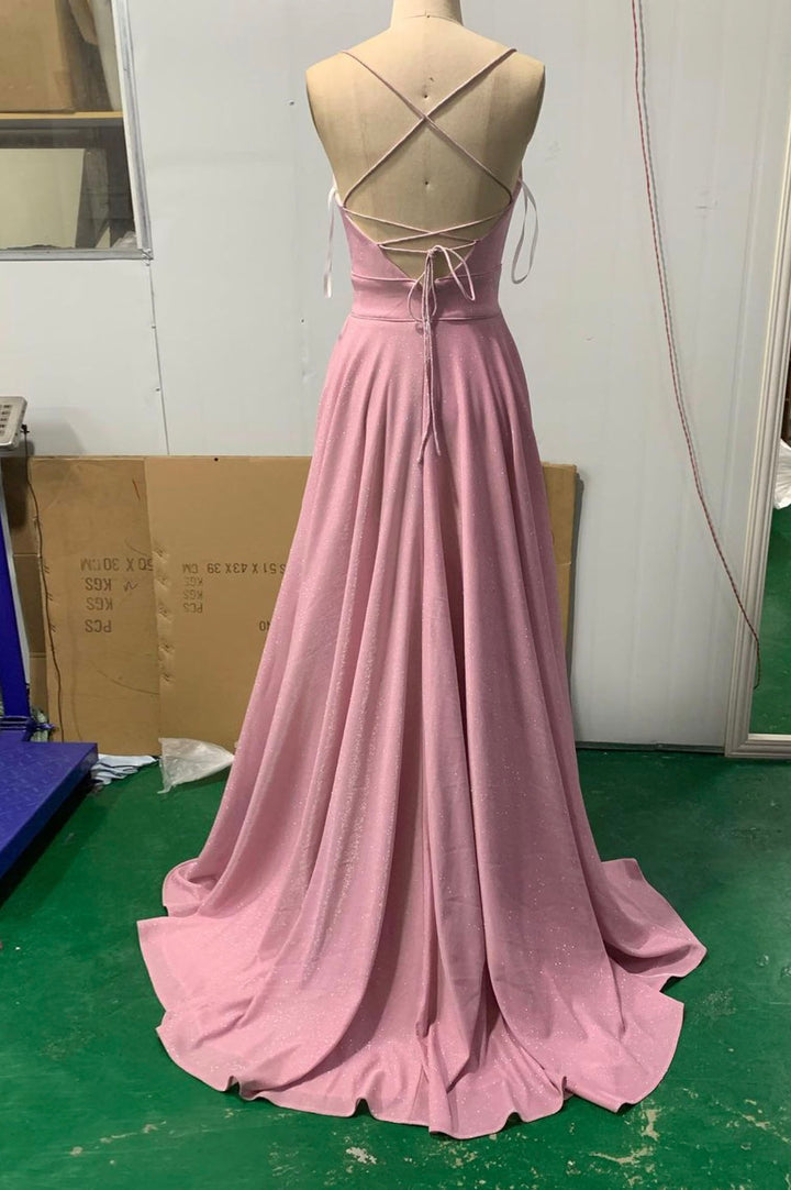 Pink V-neck long prom dress A-line evening dress - Fashionpara