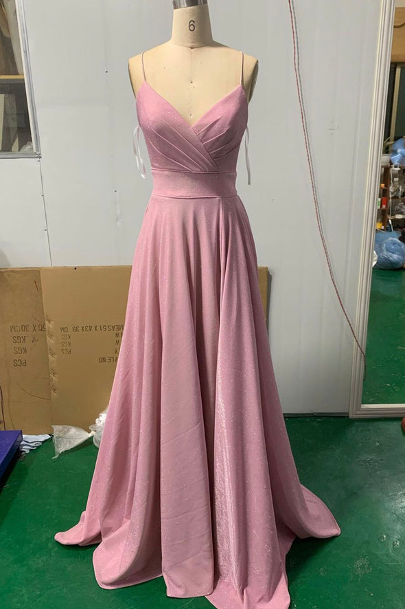 Pink V-neck long prom dress A-line evening dress - Fashionpara