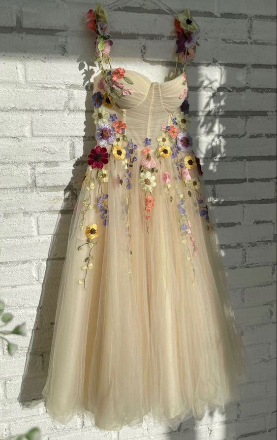 Light Champagne Ankle-Length Evening Gowns Colorful Pattern Appliques Formal Party Dresses 3D Flowers Straps Prom Dress - Fashionpara