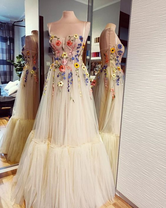 Light Champagne Evening Gowns Colorful Pattern Appliques Formal Party Dresses 3D Flowers Straps Prom Dress - Fashionpara