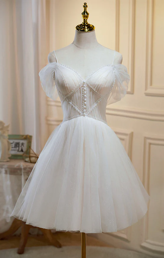 Champagne tulle lace short prom dress homecoming dress - Fashionpara