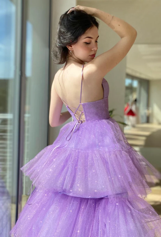Purple tulle high low prom dress A-line evening dress - Fashionpara