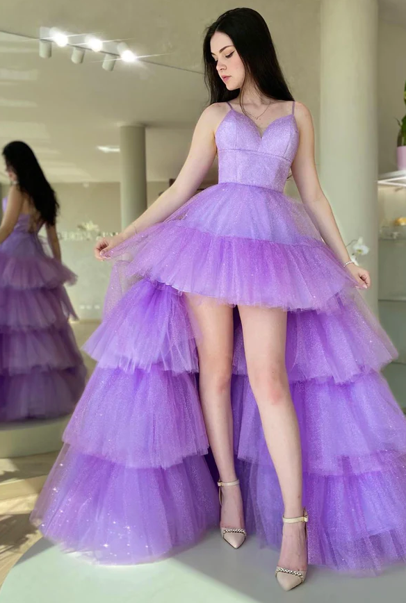 Purple tulle high low prom dress A-line evening dress - Fashionpara