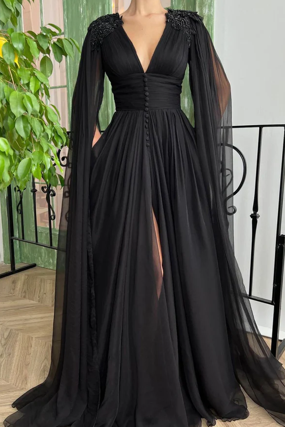 Black V-neck chiffon long prom dress A-line evening dress - Fashionpara