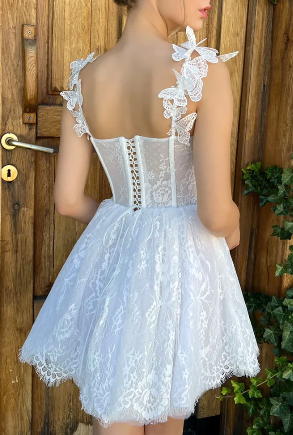 White lace short prom dress homecoming dress - Fashionpara