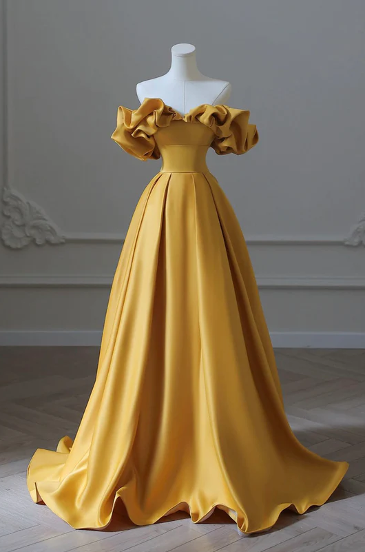 Yellow satin long ball gown dress formal prom dress - Fashionpara