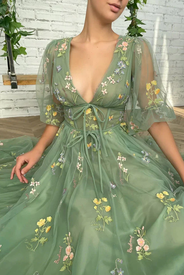 Elegant V Neck Green Tea Length Prom Dresses - Fashionpara