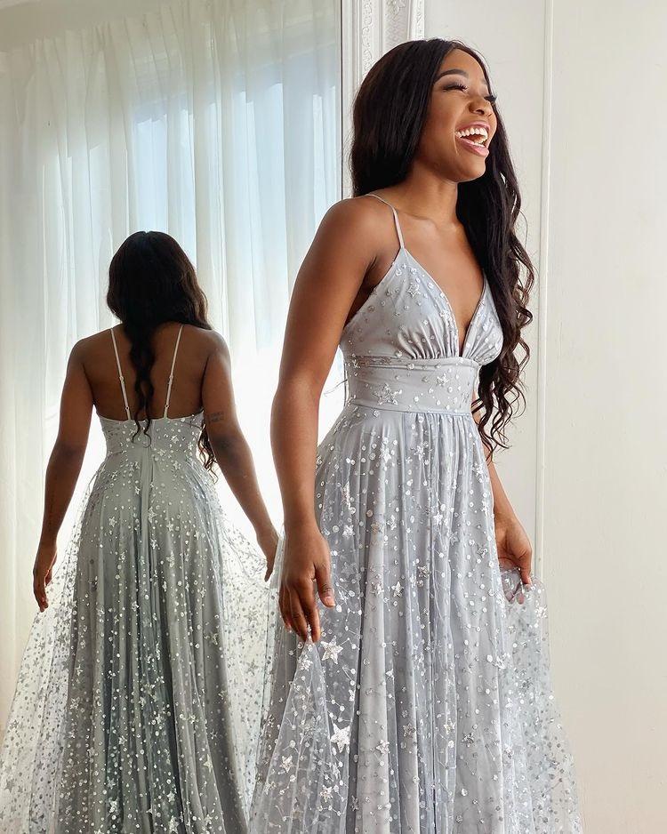 Spaghetti Straps Long Silver Tulle Prom Dress With Split - Fashionpara