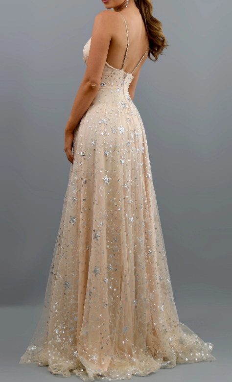 Apricot sexy deep V suspender dress Tulle Prom Dress With Split - Fashionpara