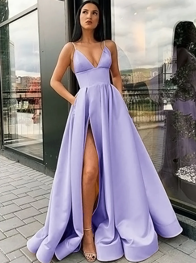Elegant A Line Satin Pocket Lilac lavender Long Evening Party Prom Gown Girls Sweet 16 Dresses - Fashionpara