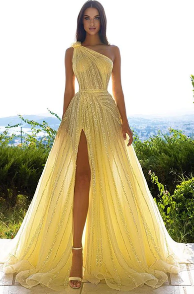 GLITTERING ONE SHOULDER DAFFODIL SEQUINS PROM DRESS LONG SPLIT ONLINE - Fashionpara