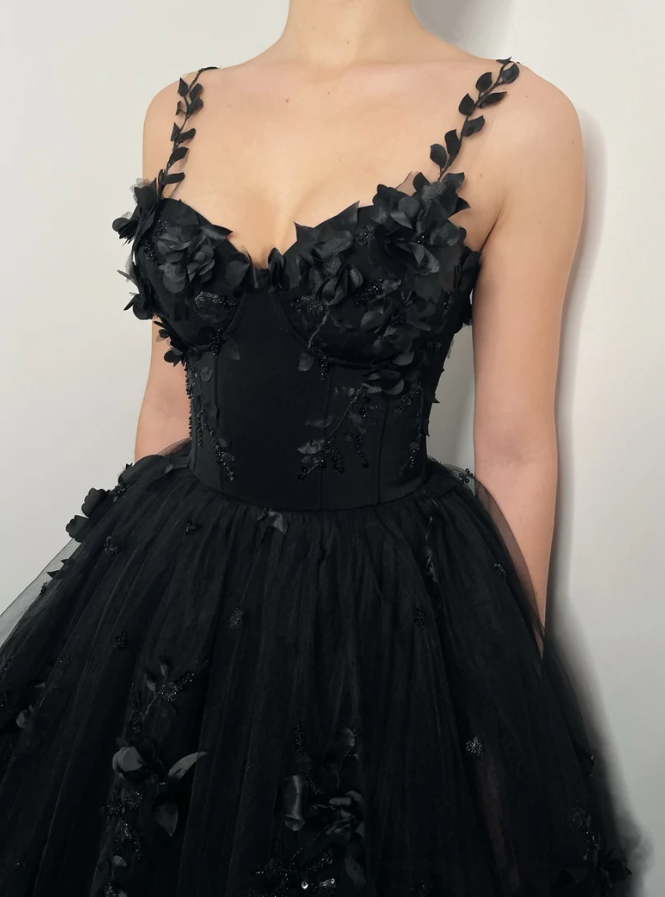 3D floral lace corset dress, alternative bride fantasy tulle train prom gown - Fashionpara