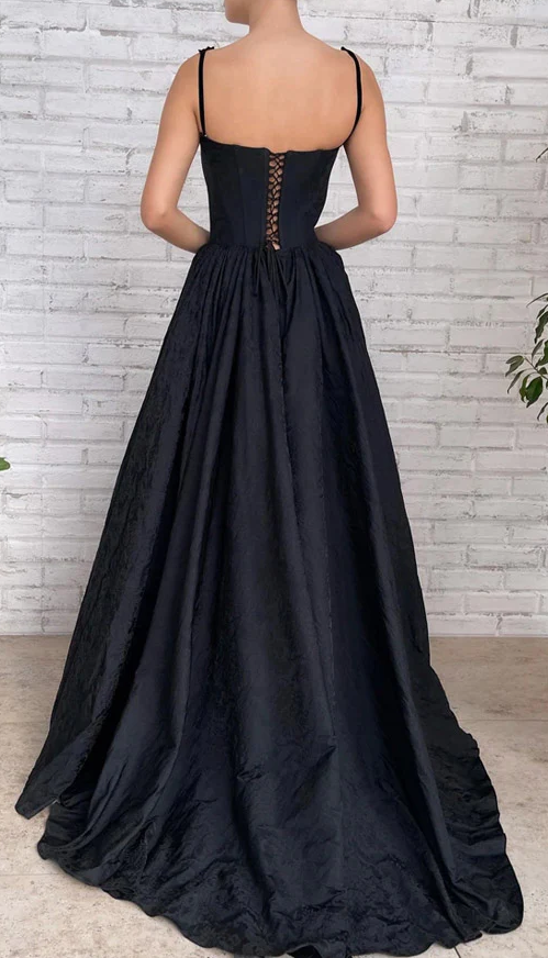 Black A Line Taffeta Long Prom Dress With Slit - Fashionpara