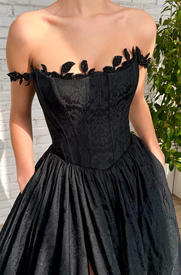 Black A Line Taffeta Long Prom Dress With Slit - Fashionpara