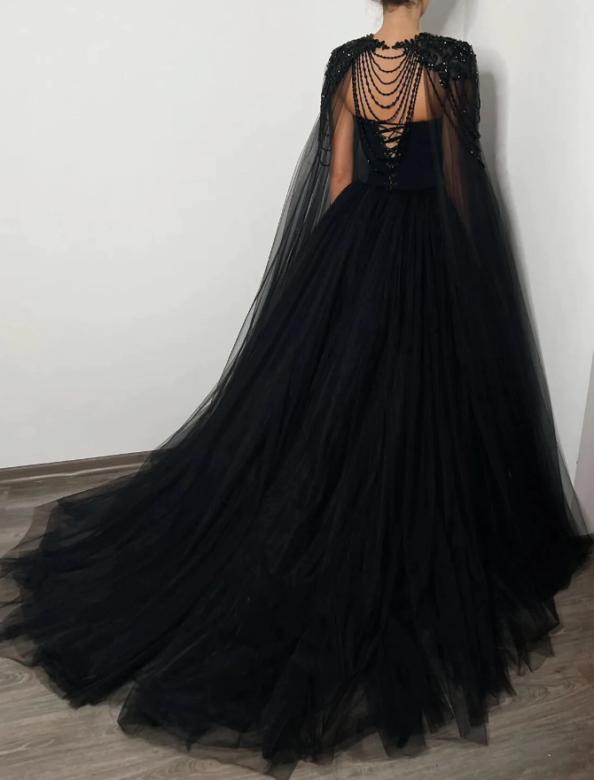 Black romantic wedding dress Black crystal beaded corset wedding tulle dress, elegant beaded bride dress - Fashionpara