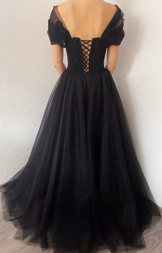 Princess Black Gothic Coret Tulle Prom Dress, Elegant Black Formal Gown - Fashionpara