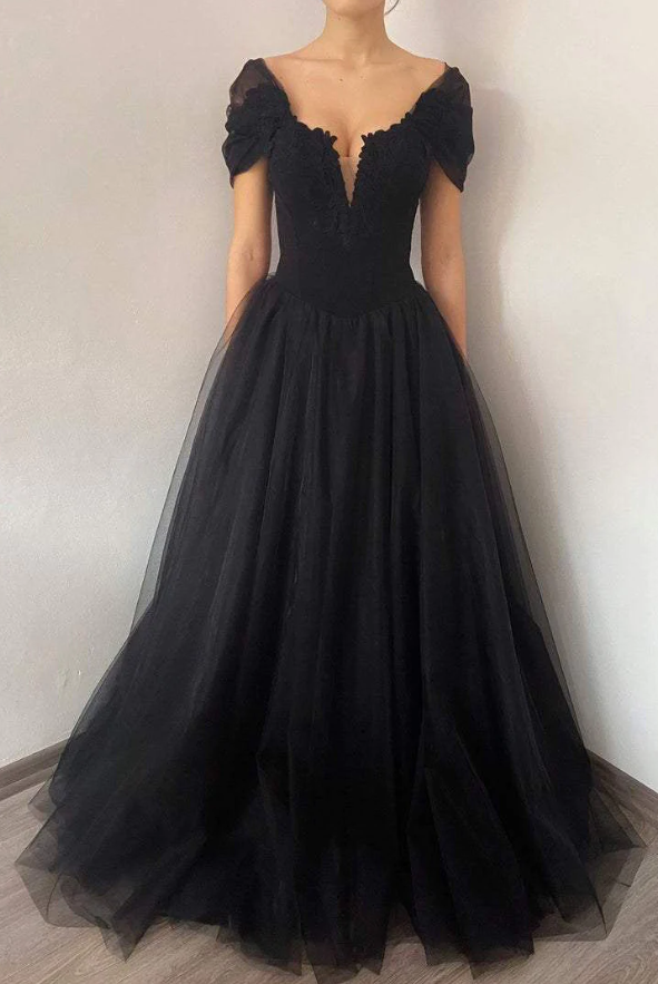 Princess Black Gothic Coret Tulle Prom Dress, Elegant Black Formal Gown - Fashionpara