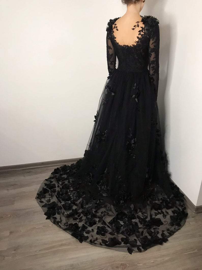 Black floral gothic wedding dress, black flower tulle lace dress, alternative bridal gown prom dress long formal gowns - Fashionpara
