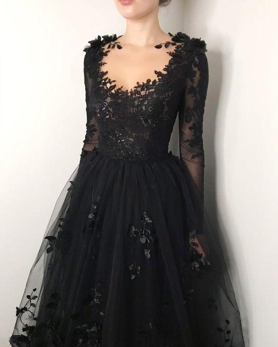 Black floral gothic wedding dress, black flower tulle lace dress, alternative bridal gown prom dress long formal gowns - Fashionpara