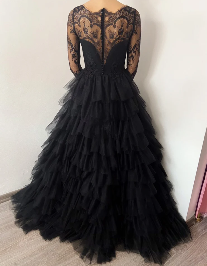 Black ruffle skirt tulle lace wedding gown prom dress long formal gowns - Fashionpara