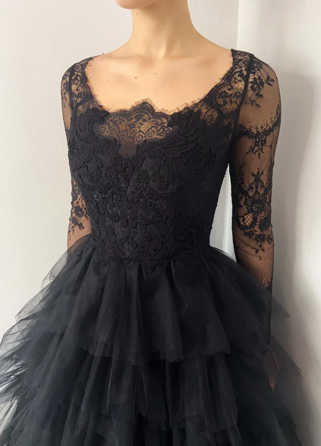 Black ruffle skirt tulle lace wedding gown prom dress long formal gowns - Fashionpara