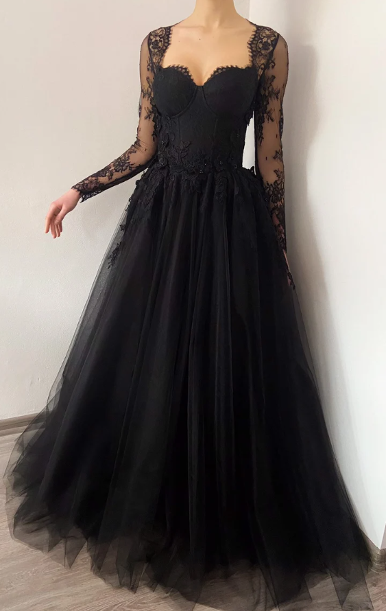 Black wedding dress 3D lace floral tulle dress, Prom Dresses,Formal Evening Dresses - Fashionpara