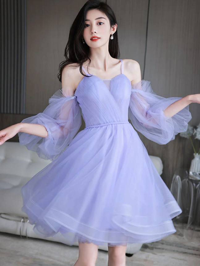 Purple sweetheart neck tulle short prom dress purple homecoming dress - Fashionpara