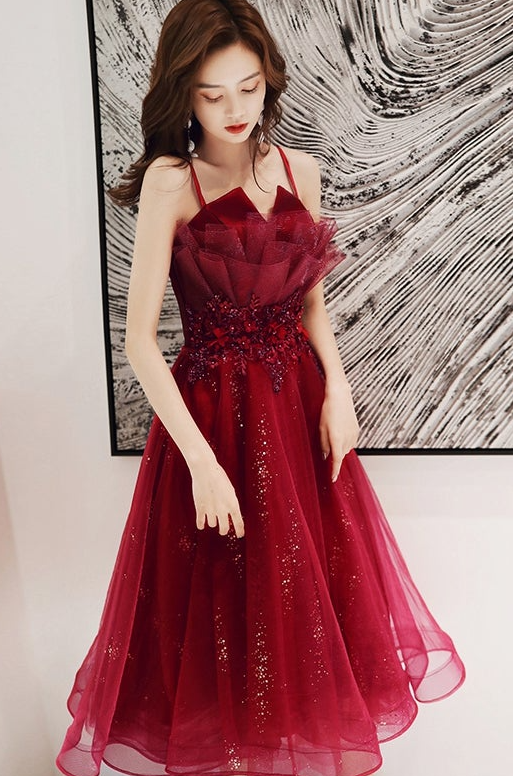 Burgundy lace sequins short homecoming dress - Fashionpara