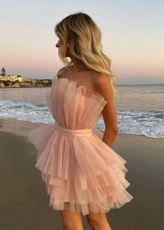 Sparkly Cute Strapless Pink Tulle Short Homecoming Dress - Fashionpara
