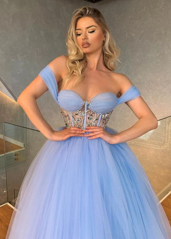 Fabulous Off-the-Shoulder Tulle Prom Dress Sweetheart With Crystal - Fashionpara