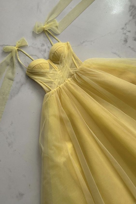 Yellow tulle long prom dress A line evening dress - Fashionpara