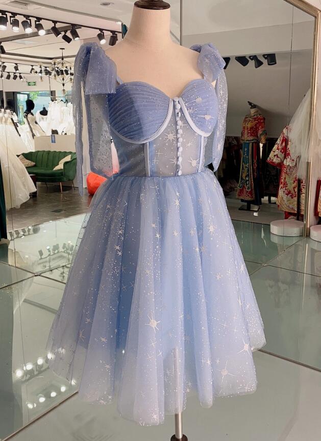 Lovely Blue Short Tulle Homecoming Dress Prom Dresses, Blue Evening Dresses - Fashionpara