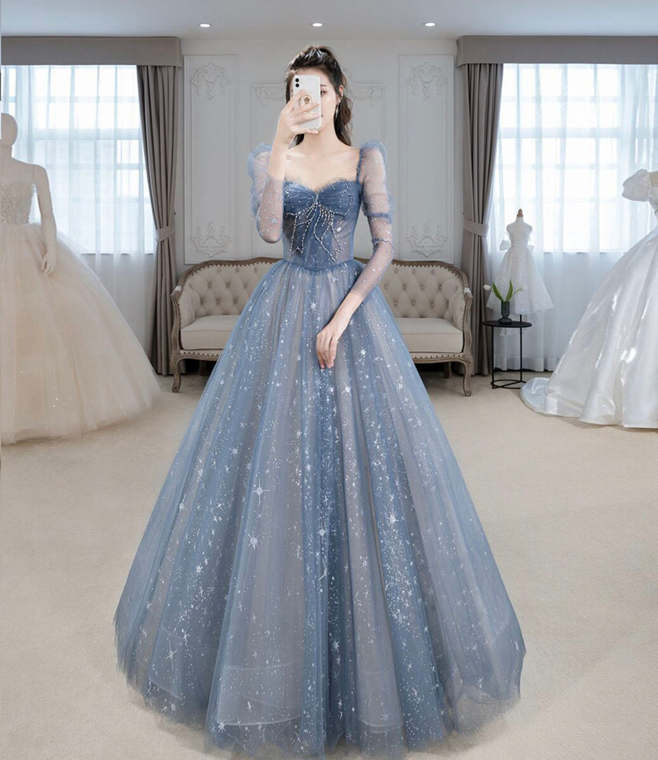 BLUE TULLE BEADS LONG PROM DRESS BLUE EVENING DRESS - Fashionpara