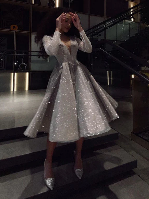 V- NECK LONG SLEEVES MEDIUM LENGTH WEDDING PARTY DRESS PROM GOWNS - Fashionpara