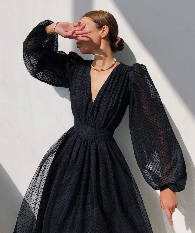 V-Neck Waisted Lantern Sleeve Midi Prom Dress Long Sleeve V Neck Midi Dress - Fashionpara