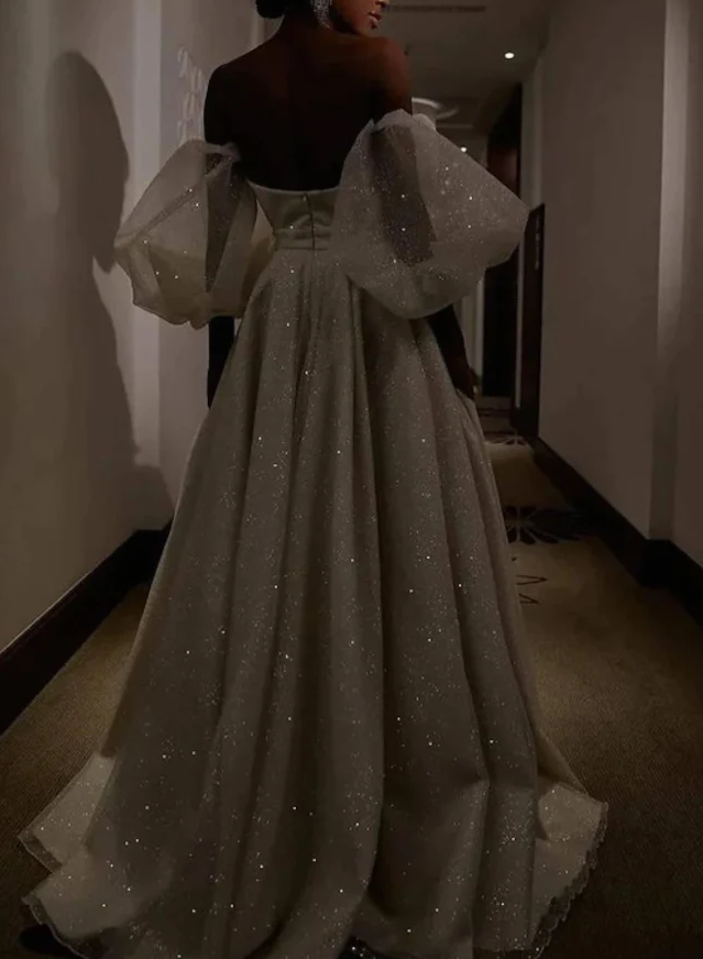 Sweetheart Prom Dress With Puffy Sleeves Sexy Luxurious Sparkle & Shine Wedding Dress - Fashionpara