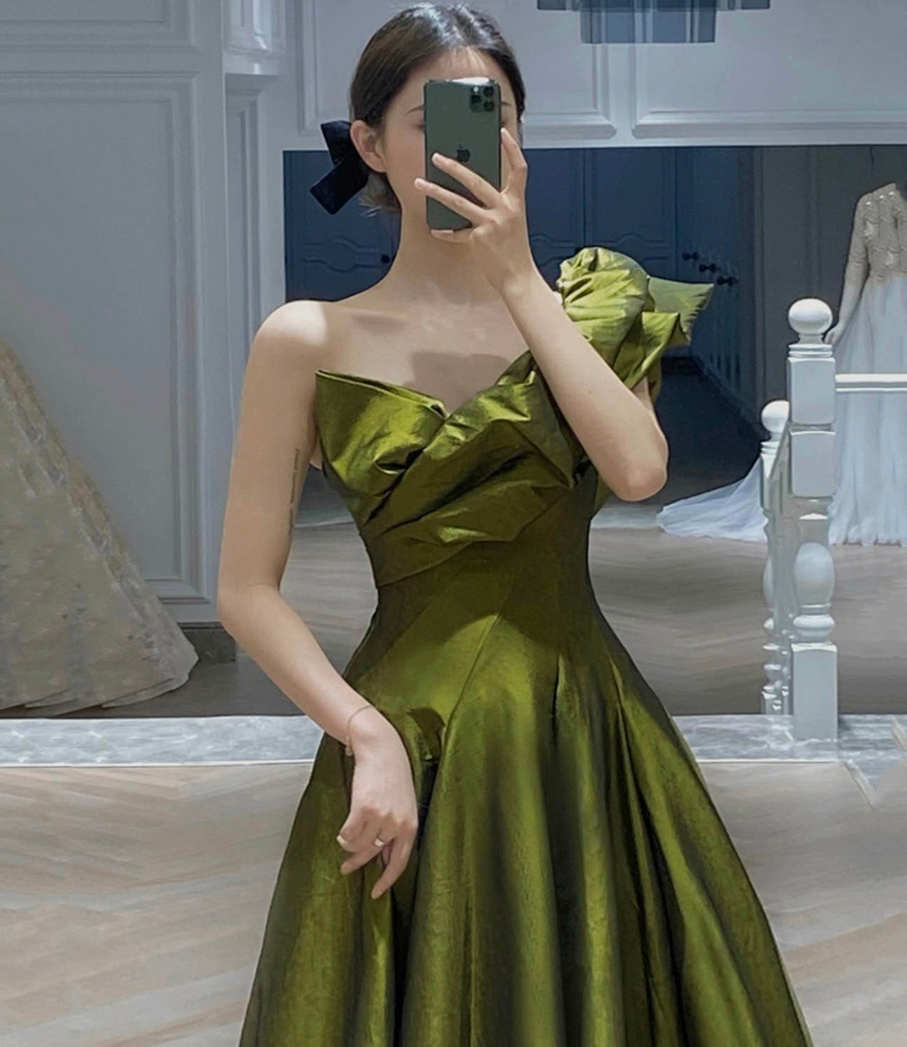 GREEN SATIN LONG PROM DRESS A LINE EVENING DRESS - Fashionpara