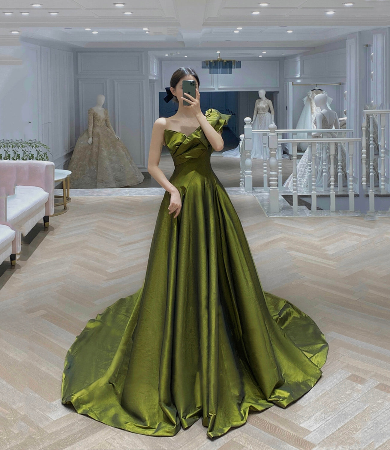 GREEN SATIN LONG PROM DRESS A LINE EVENING DRESS - Fashionpara