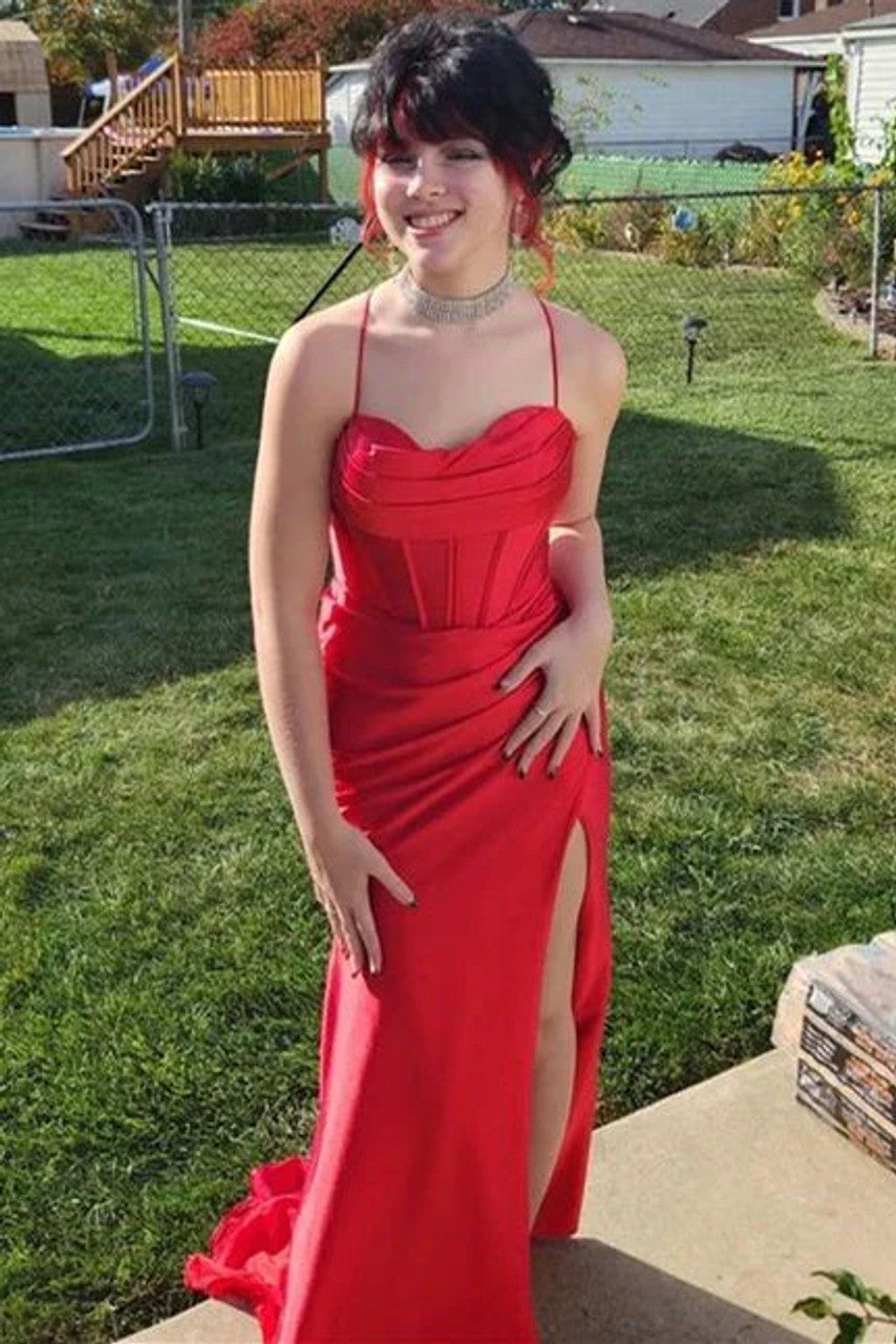 Burgundy Long Prom Dress with High Slit,Formal Graduation Evening Dresses - Fashionpara