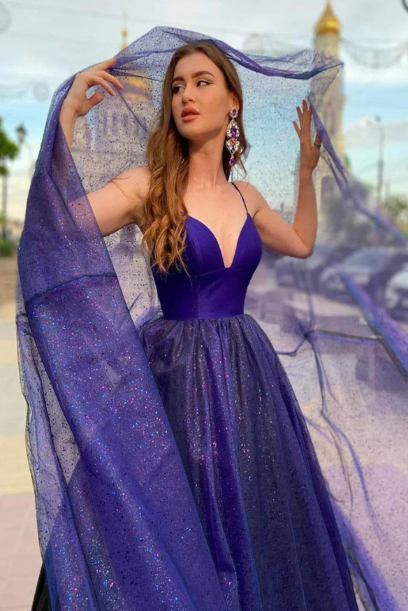 hiny V Neck Backless Tulle Long Prom Dresses Backless Formal Dresses - Fashionpara