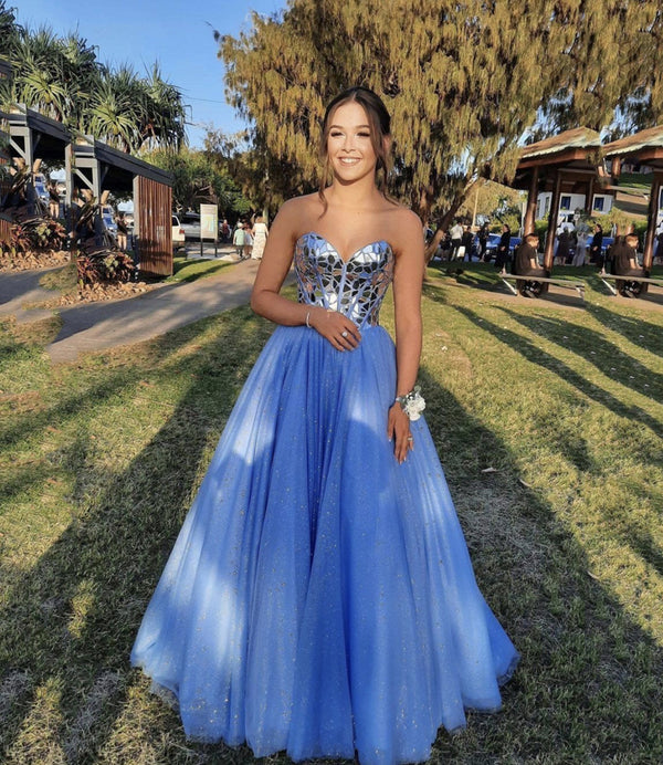 Blue tulle beads long prom dress A line evening gown - Fashionpara