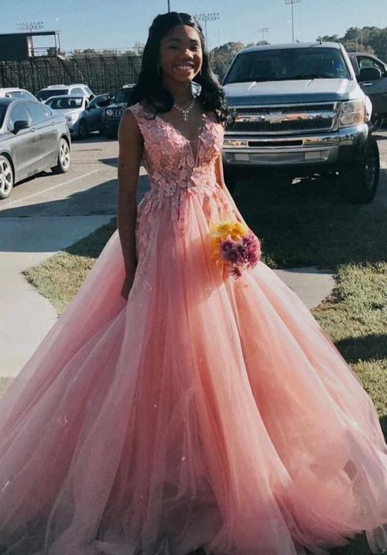 Tulle Long Pink Prom Dresses with Appliques,Winter Formal Dresses - Fashionpara