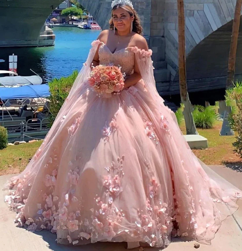 Tulle Long Pink Prom Dresses Sweetheart Handmade Flowers Tulle Quinceanera Dresses with Flutter Sleeves Sweet 16 Prom Gowns - Fashionpara