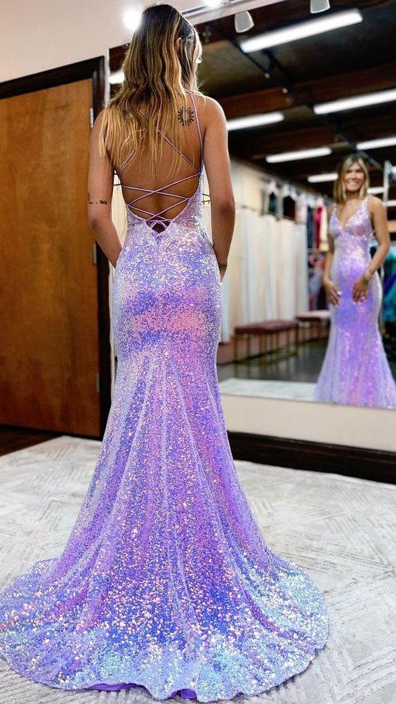 Plunging V-Neck Sequins Sparkly Prom Dress - Fashionpara