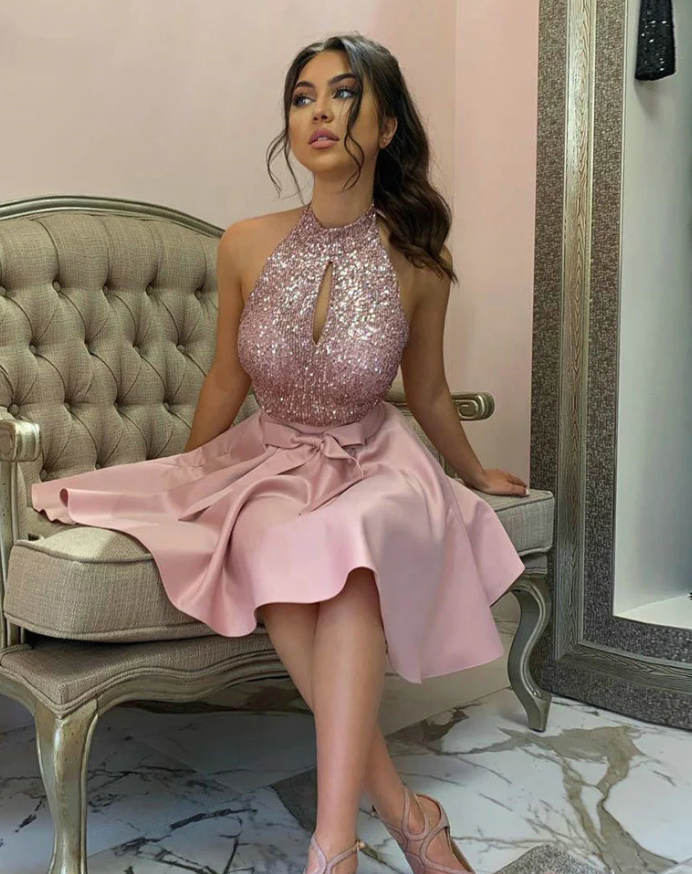 Sequins Dust Pink Halter Short Prom Dress Girls Short Homecoming Graduation Dress - Fashionpara