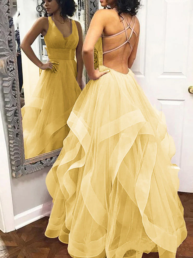 Yellow Prom Dress with Straps Formal Wear - Fashionpara