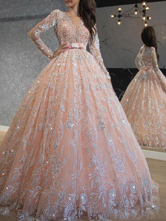 Pink Sequined Lace Ball Gown Prom Dresses Long Sleeve Formal Evening Dress - Fashionpara